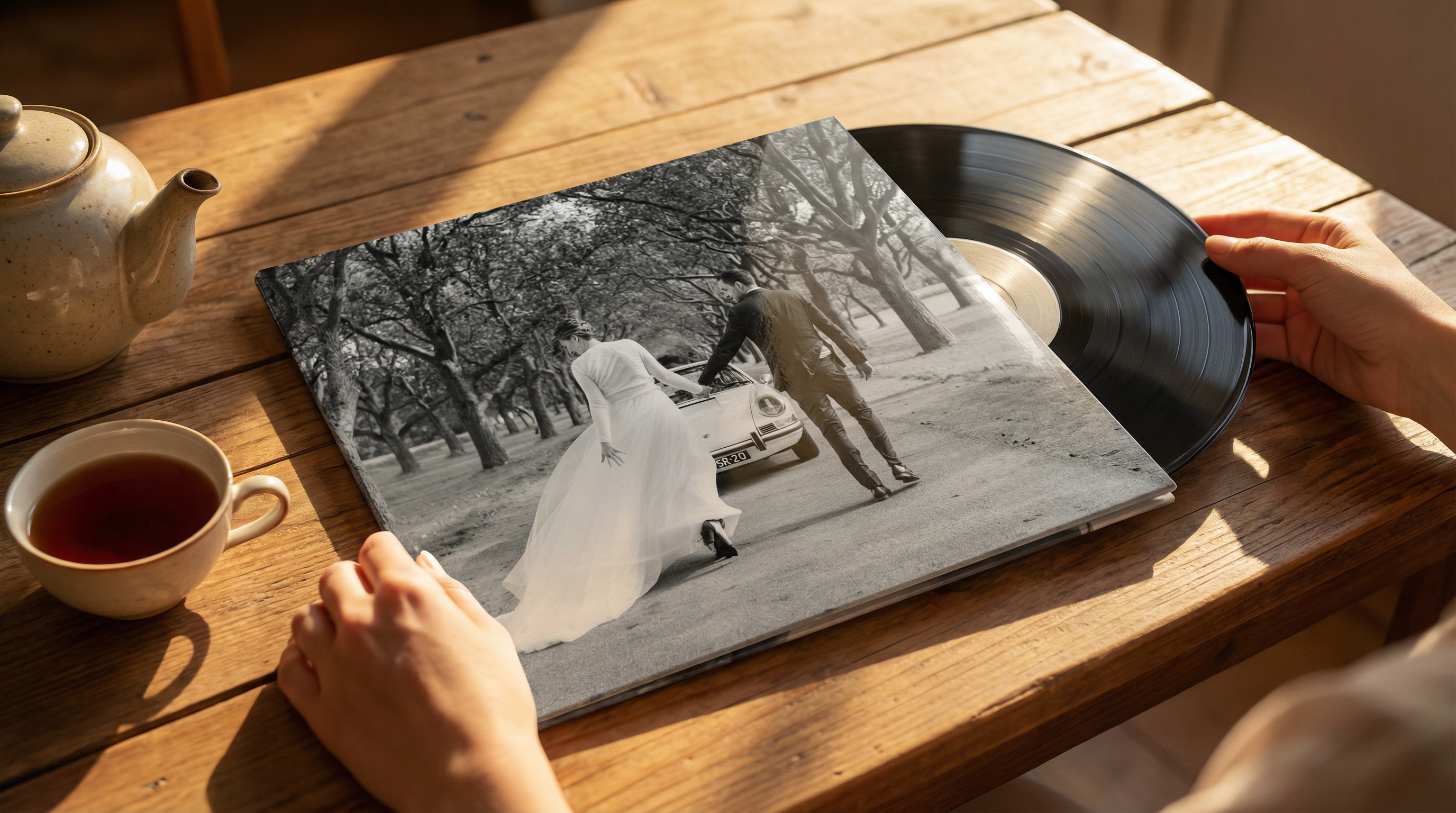 Wedding vinyl record with custom photo sleeve on a warm wooden table