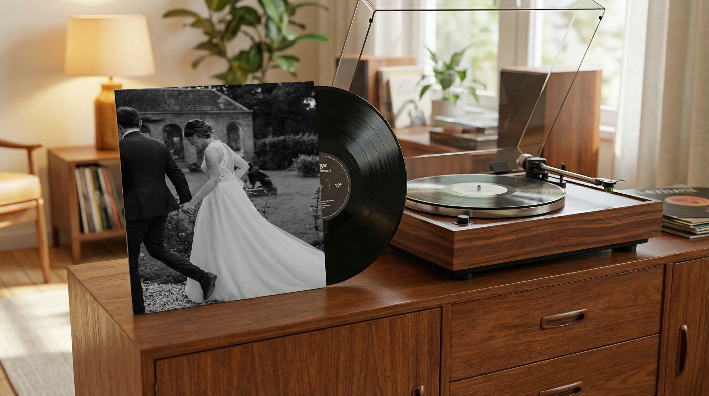 Wedding vinyl record leaning against a turntable in a cozy living room